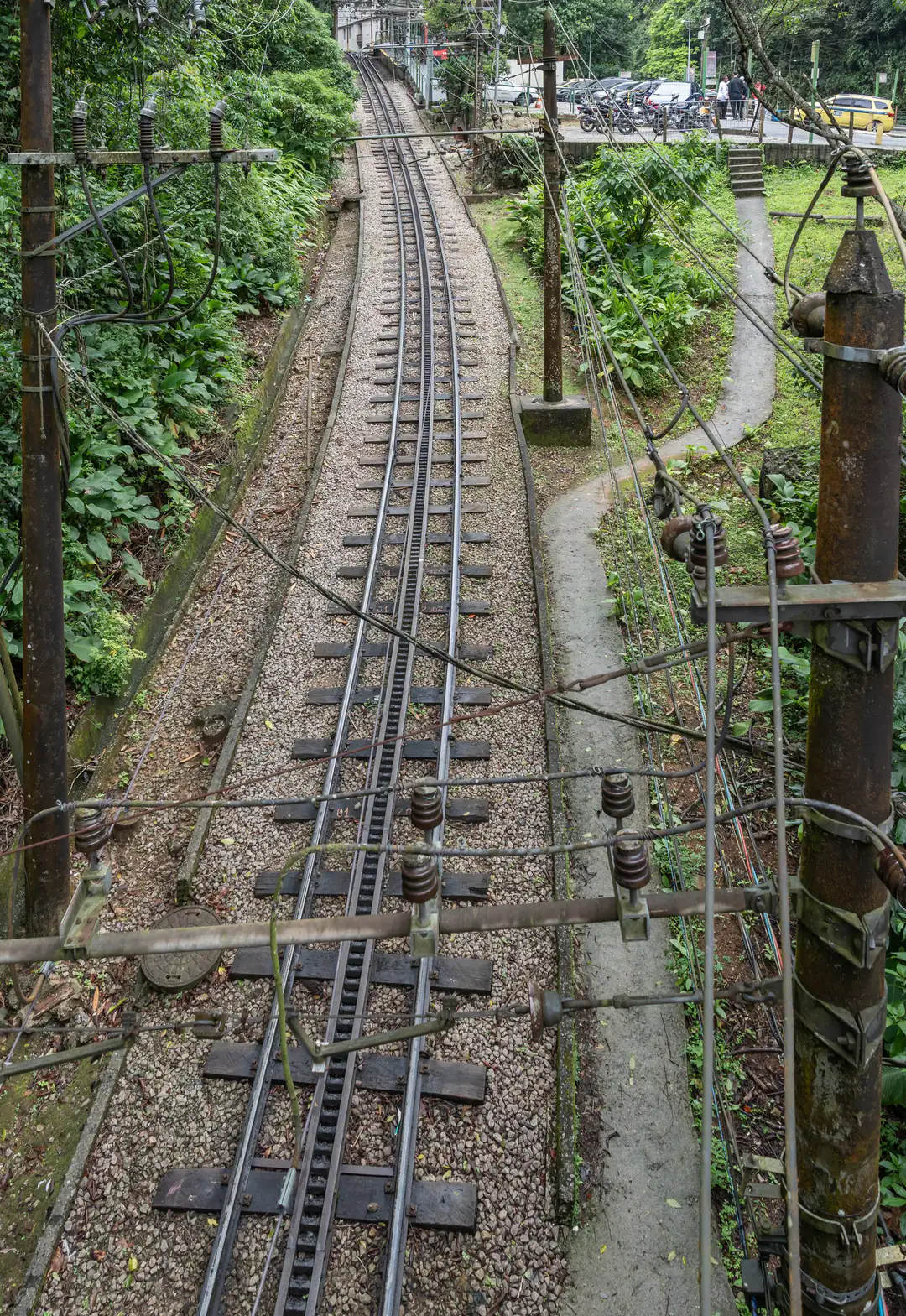Corcovado railway line winding through Tijuca forest