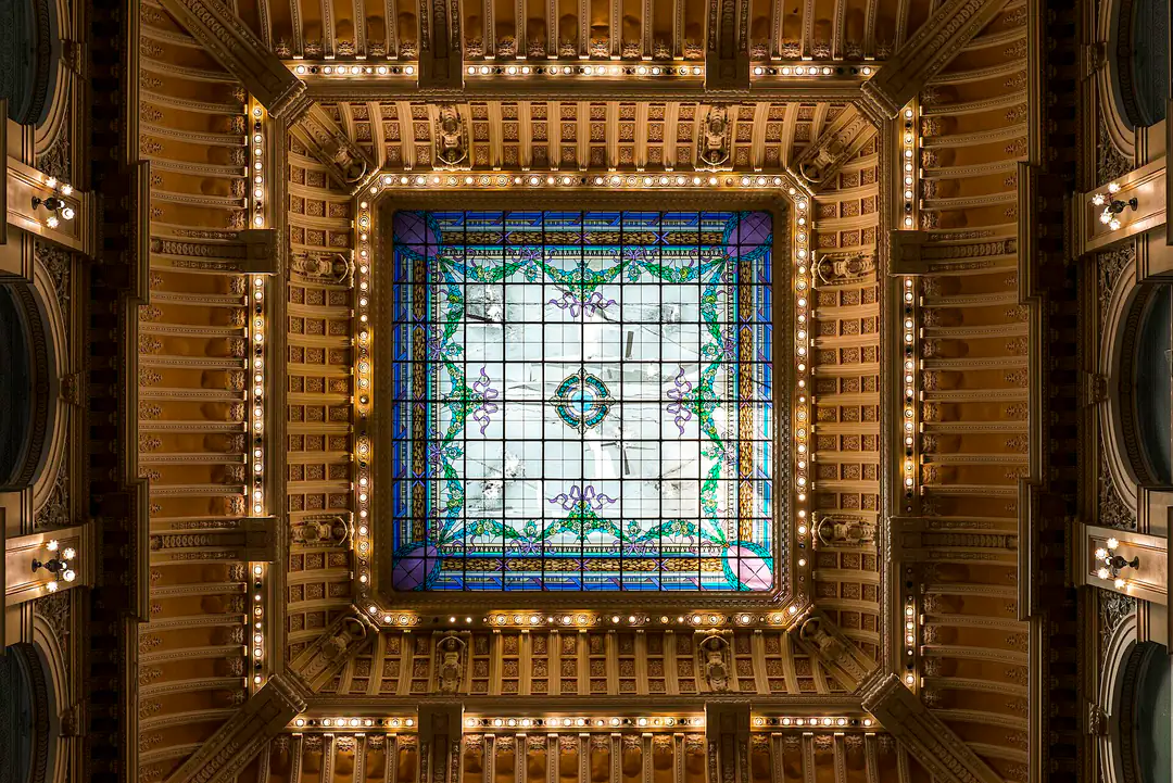 Stained-glass ceiling inside the National Library in Cinelândia