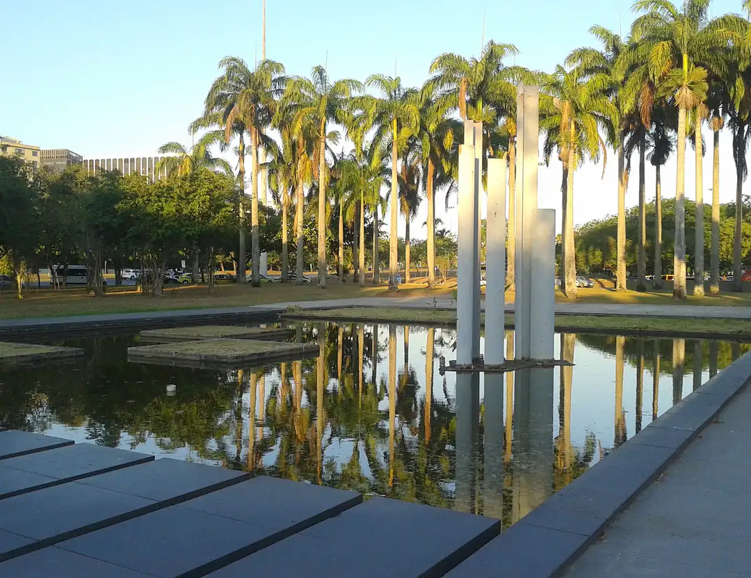 Sculpture and water garden beside MAM Rio