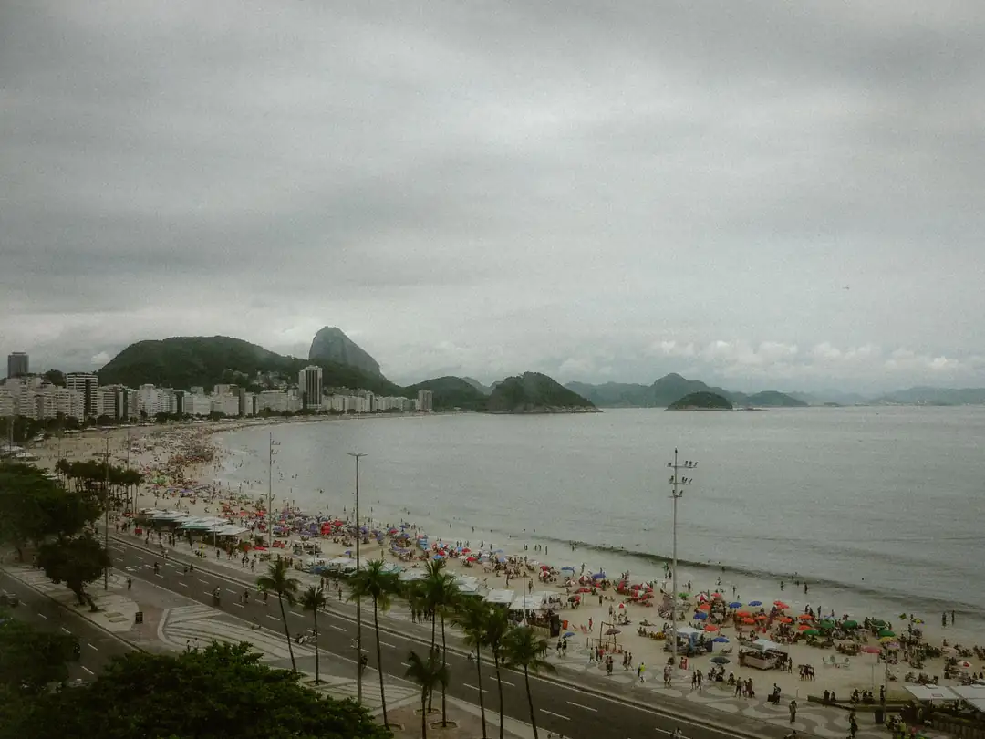 The curved Copacabana coastline and city seen from above