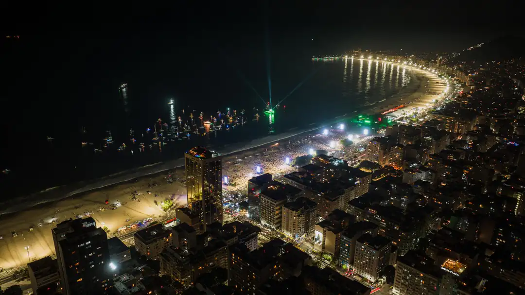 Copacabana's illuminated beachfront during a nighttime celebration