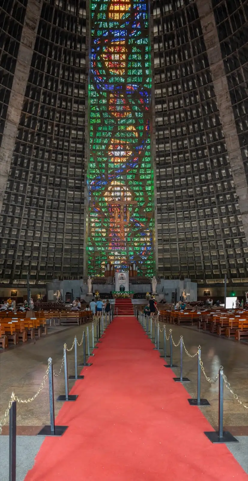 Tall stained-glass panel inside Rio Metropolitan Cathedral
