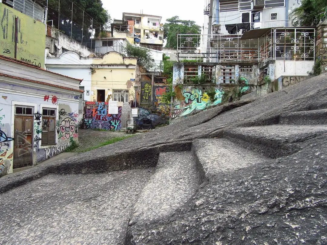 Historic Pedra do Sal steps and surrounding buildings in daylight