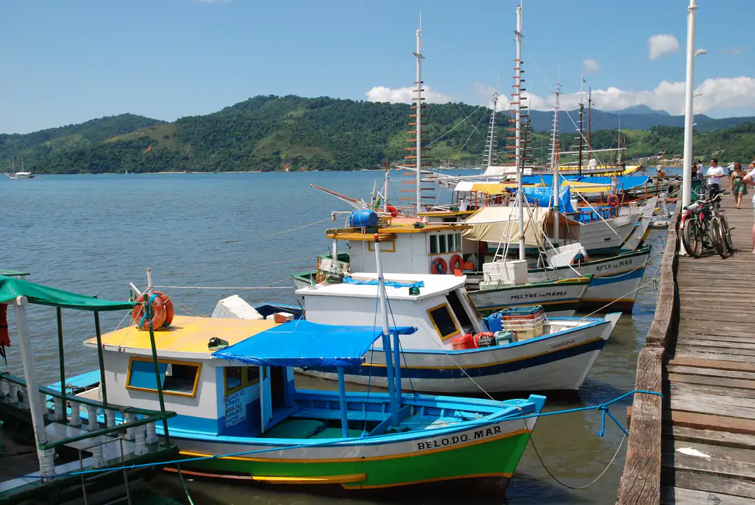Colourful excursion boats moored in Paraty harbour