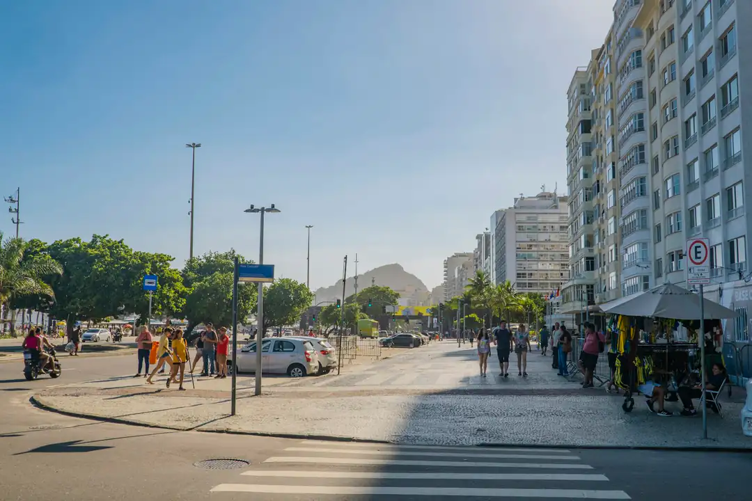 Pedestrians on a sunny street in Copacabana