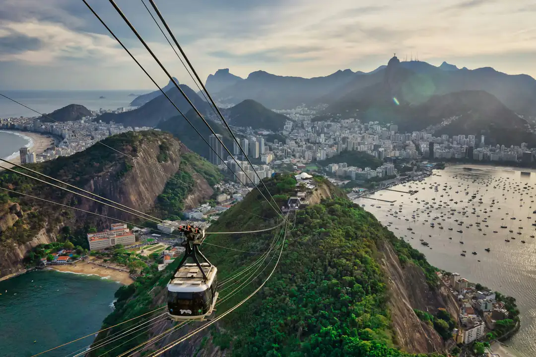 Sugarloaf cable cars crossing above Rio de Janeiro
