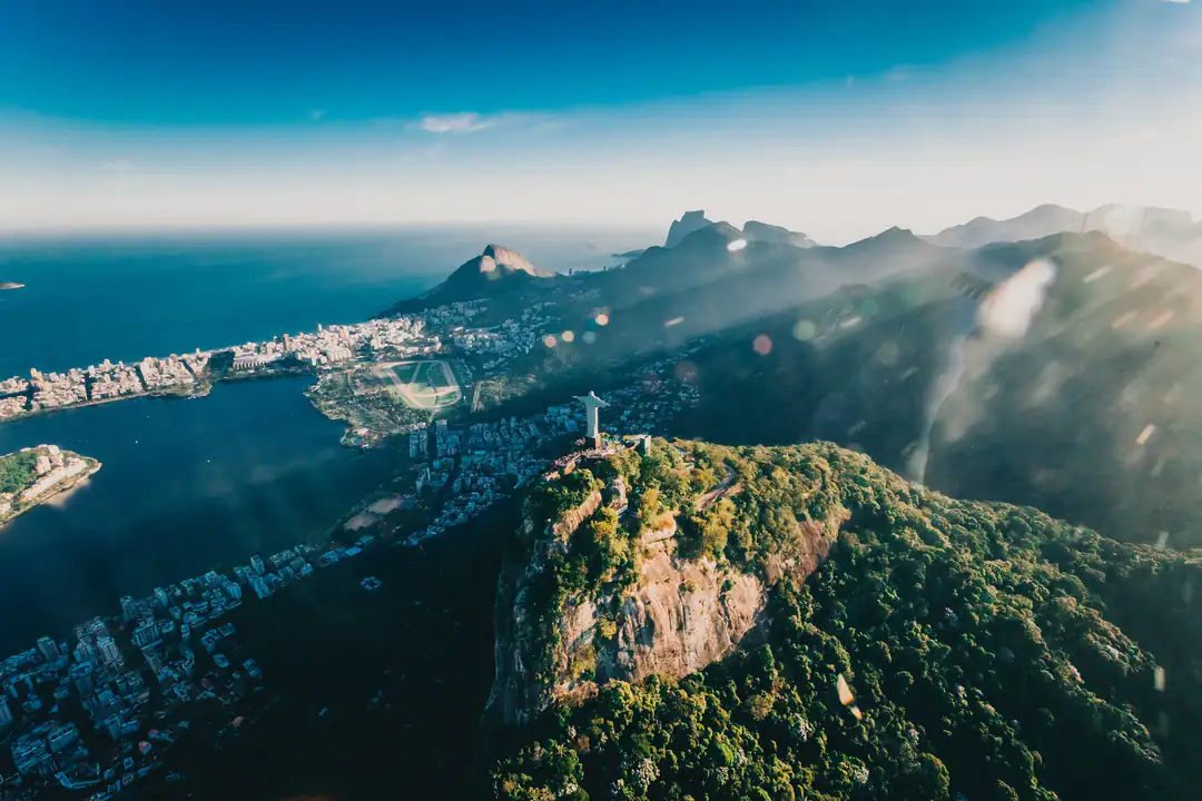 Aerial view of Christ the Redeemer, Rio de Janeiro and the Atlantic coast